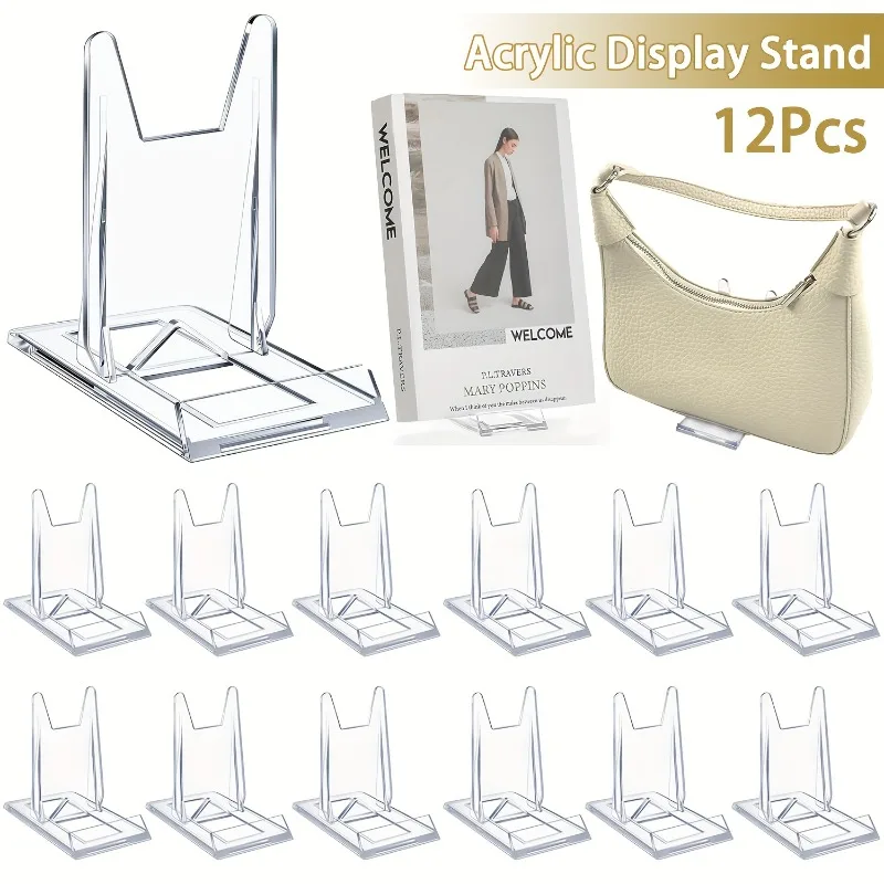 Clear Acrylic Book Stand Holder - 5/12個入り 透明アクリル製ディスプレイスタンド 小型調整可能 ブックホルダー バッジホルダー ウェディングカードホルダー